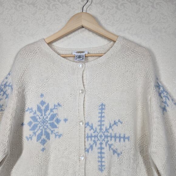 VTG Talbots Lambswool Angora Cardigan 1X Ivory Blue Snowflakes Holiday - Picture 2 of 14